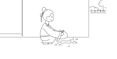 屋外，張三蹲在墻角把包袱放入坑中.jpg