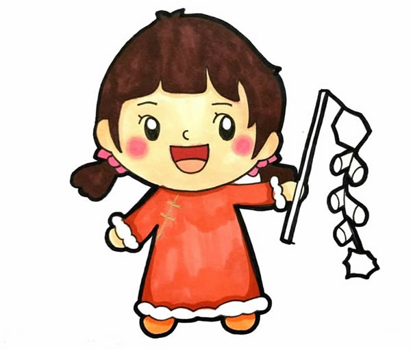 春節(jié)小朋友放鞭炮簡(jiǎn)筆畫，新年小女孩放鞭炮簡(jiǎn)筆畫