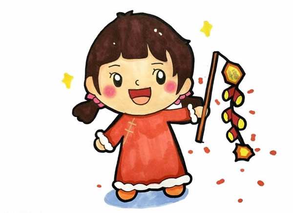 春節(jié)小朋友放鞭炮簡(jiǎn)筆畫，新年小女孩放鞭炮簡(jiǎn)筆畫