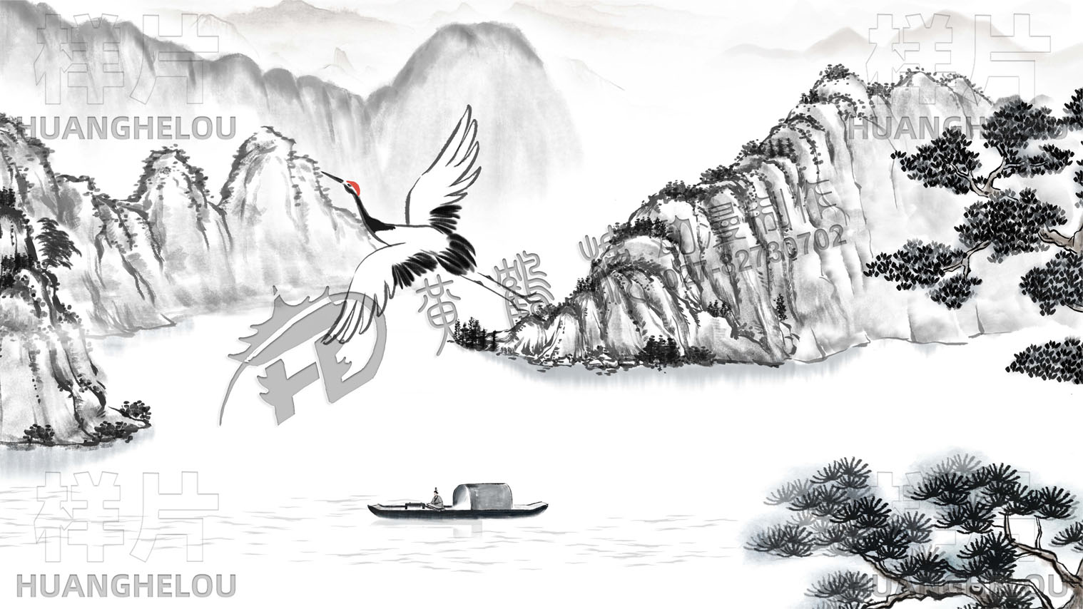 一只白鶴在空中翱翔飛過江面，帶出小船-3.jpg